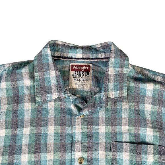Wrangler Jeans Co Button Up Collared Shirt Men's M Blue Green Plaid Long Sleeve - Picture 3 of 8
